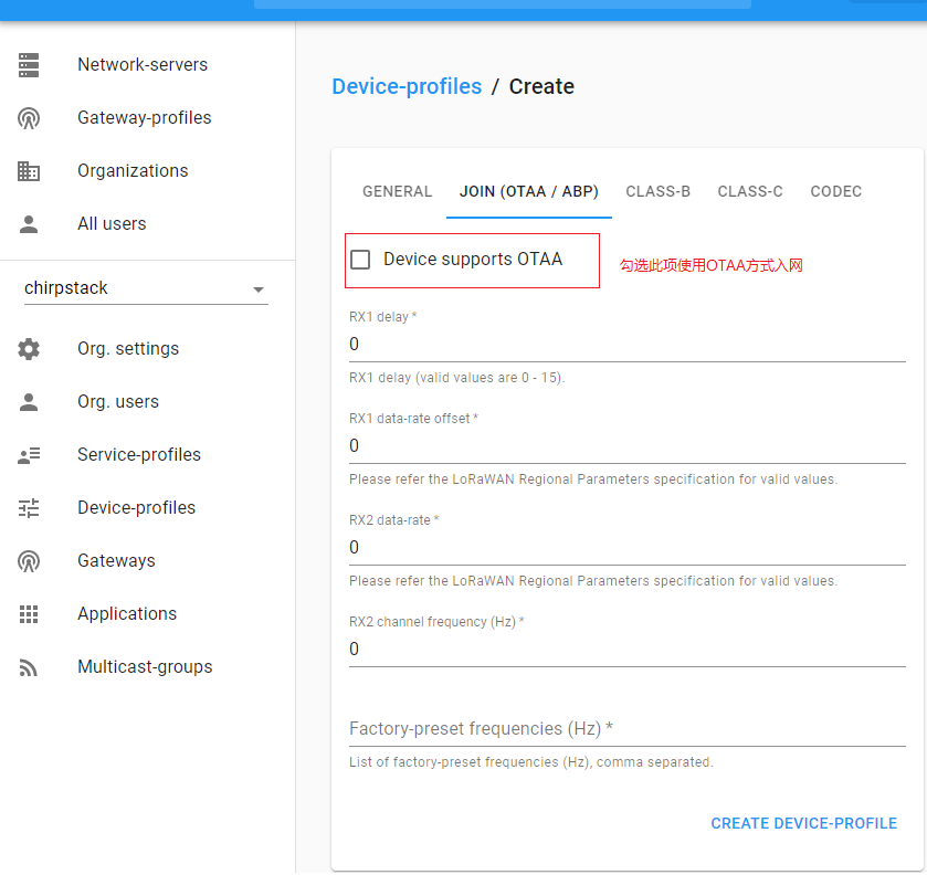 添加OTAA Device-profiles